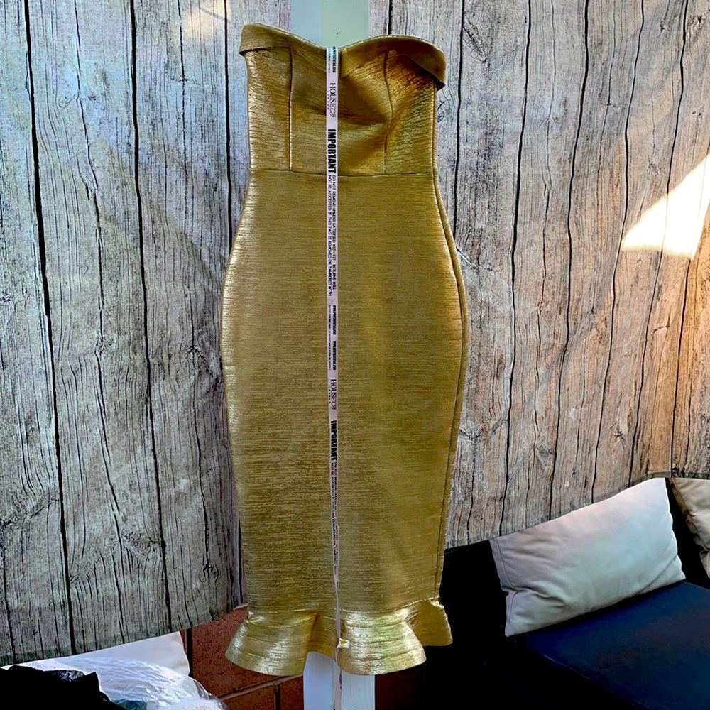 NWT House of CB gold strapless dress XS